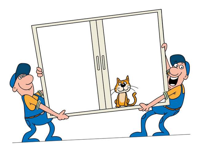 рабочие несут окно с котом